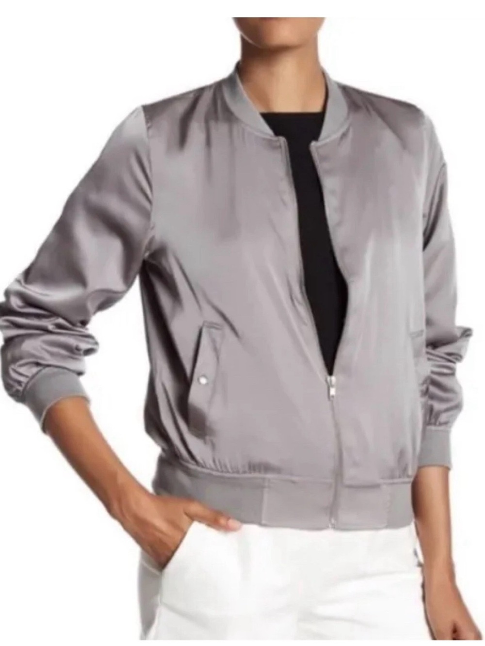 Philosophy Silver-Gray Satin Bomber Jacket